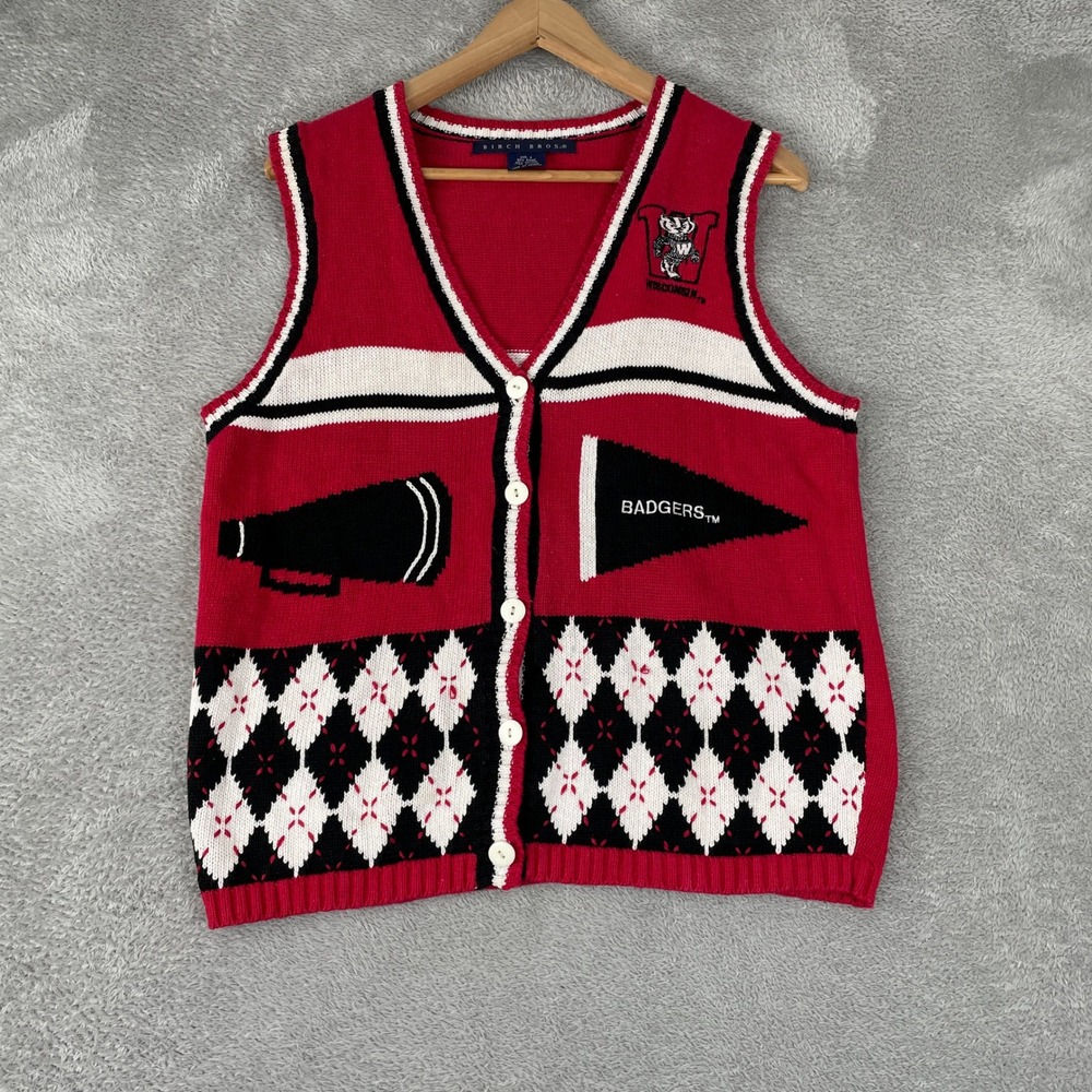 Vintage Wisconsin Badgers Sweater Vest Womens Small Red Argyle Knit Gameday NCAA